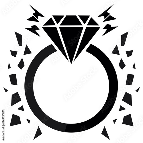 Black diamond ring with geometric fragments exploding outwards and lightning bolt effects