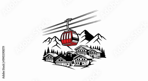 Ski village with red gondola lift ascending towards snowy mountains