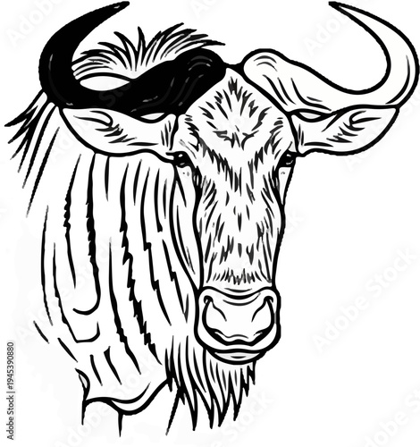 Stylized black and white drawing of a wildebeest head and shoulders