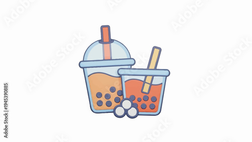 Two cups of colorful sweet bubble tea drinks with tapioca pearls