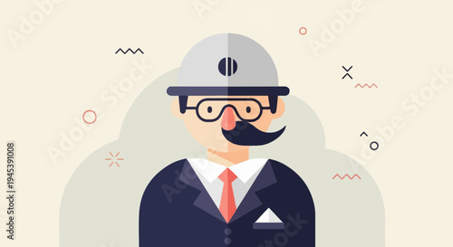 Stylized cartoon man in a hard hat, glasses, and suit