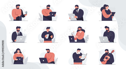 Stylized cartoon figures engaged in various activities, including work and leisure