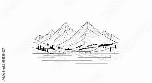 Stylized mountain peaks reflect in calm water surrounded by evergreen trees