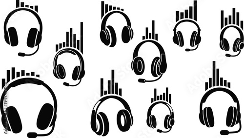 Headphones and headset icons with audio equalizer bars in modern style, music listening and call center support symbols for streaming apps and sound technology