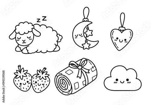 Cute Black and White Kawaii Sleep and Comfort Vector Icon Set with Sleeping Sheep, Moon, Heart, Strawberries, Blanket, and Cloud