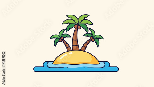 A tropical island with three palm trees and coconuts in blue water