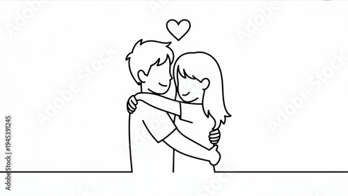 Loving couple embracing with heart above romantic gesture affectionate hug minimalist line art style simple background
