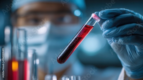 extreme close-up of a medical lab technician holding a blood sample tube, shallow depth of field emphasizing tube details, glass reflections, and hand texture, photorealistic diagnostic 