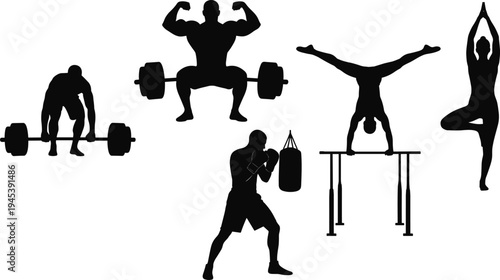 Fitness silhouettes of deadlift, bodybuilding squat, gymnastics handstand, boxing stance, yoga balance pose, diverse exercise vector design illustration