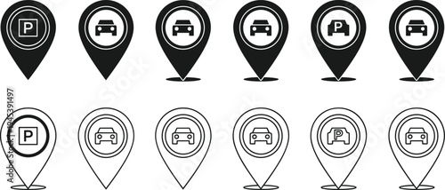 Parking location pin icons with car and parking symbols in solid and outline styles for navigation maps, GPS apps, transportation services, and UI design