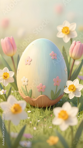 Colorful Easter egg adorned with flowers stands amidst blooming tulips and daffodils in a lush green garden during springtime