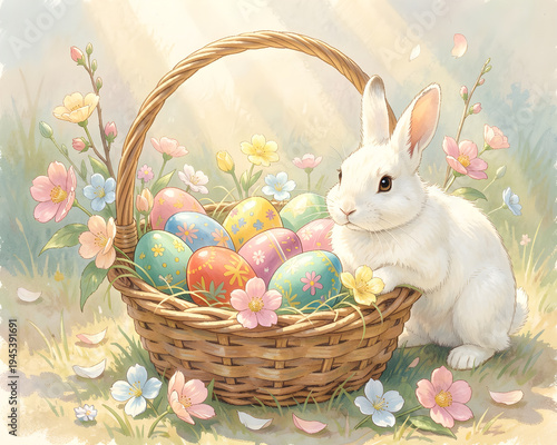 White rabbit sits next to a basket of decorated Easter eggs, surrounded by vibrant flowers in a bright, sunlit grassy area