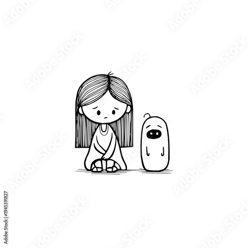 Sad Girl Sitting Next to Crying Potato Cartoon Character