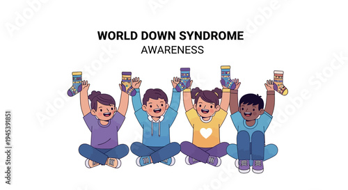Vector illustration of a diverse group of kids with Down syndrome awareness colorful socks, smiling and holding up their feet in a fun, happy, and supportive team gesture