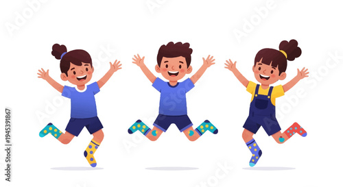 Three happy children with colorful socks jumping in the air together in a fun illustration for Down syndrome awareness