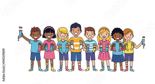 A diverse group of happy kids wearing colorful socks and holding toothbrushes, promoting oral health and Down Syndrome awareness with a fun and smiling team in a cartoon illustration