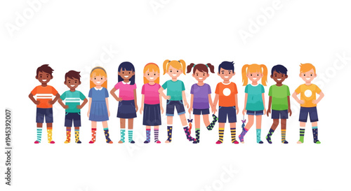 A diverse group of happy kids wearing colorful socks and casual clothes stand together in a line with a joyful and playful mood