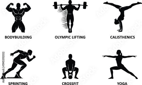 Fitness silhouettes showing bodybuilding, Olympic lifting, calisthenics, sprinting, crossfit, yoga poses, diverse exercise styles vector design illustration