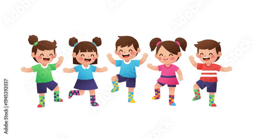 Illustration of diverse kids with colorful socks and happy expressions, celebrating World Down Syndrome Day with a fun and inclusive team gesture