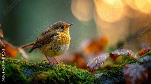 Morning Calm: A Small Bird Perched in Tranquil Forest Glow