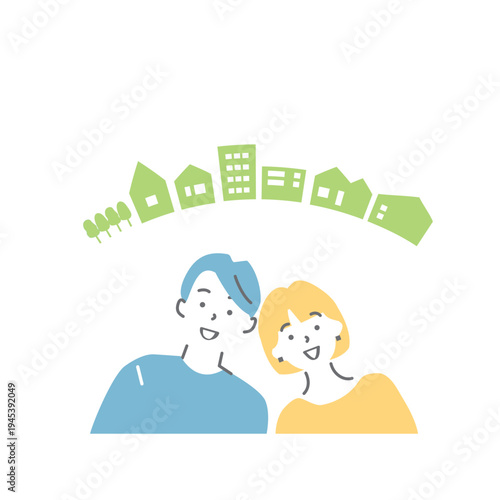 夫婦・カップルと街並みのイラスト素材