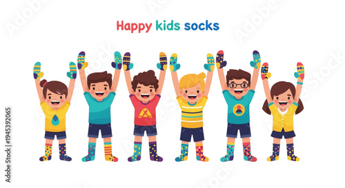Colorful illustration of happy kids wearing mismatched socks and holding up their colorful socks in a fun, group setting for Down Syndrome awareness