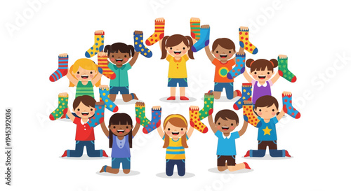 A group of happy, diverse kids wearing colorful socks and holding up matching socks, promoting Down syndrome awareness with a fun and joyful cartoon illustration