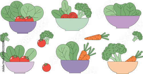 Cute healthy vegetable bowls with broccoli, carrots, tomatoes and leafy greens in hand drawn cartoon style, colorful vegetarian food illustration collection