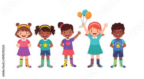 A group of diverse children with colorful socks and clothes standing together with balloons, promoting happiness and togetherness on World Down Syndrome Day with a joyful and fun atmosphere