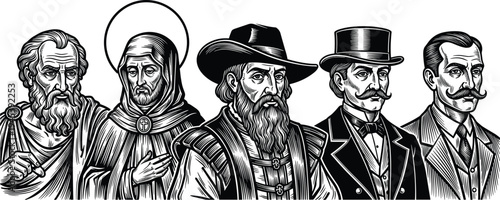 WebVintage engraved portraits of historical men philosopher saint explorer and Victorian gentlemen in classic woodcut monochrome vector illustration collection