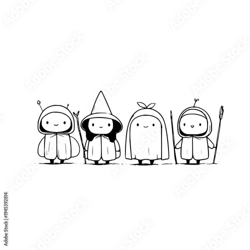 Four Cartoon Characters in Different Costumes Standing Together