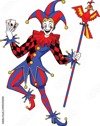 Colorful Joker Jester Character Holding Playing Cards and Staff in Carnival Costume for Casino, Poker, Circus, and Entertainment Vector Illustration