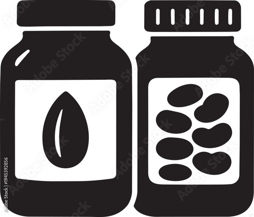 Two glass jars with seeds and beans foodstuffs pantry storage kitchen container domestic organic vector symbol