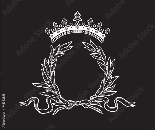Hand drawn royal crown and laurel wreath vintage line art tattoo vector illustration isolated