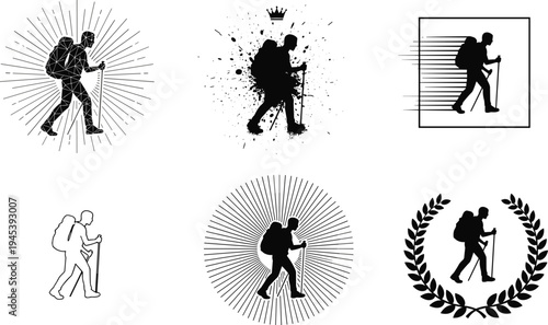 Hiking silhouettes of athletes with backpacks, walking sticks, artistic outdoor adventure sport vector design illustration