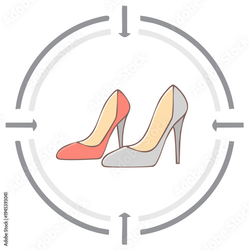 Elegant high heels shoes illustration within circular frame, red and gray color shoes in the center of the frame, creative artwork