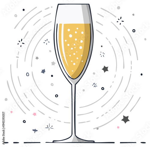 Elegant Champagne Flute Filled with Bubbly Golden Liquid and Festive Sparkles