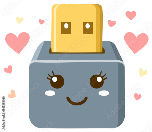 Cute Toaster Cartoon Character with Toast Rising Up Surrounded by Hearts Illustrating Breakfast Joy