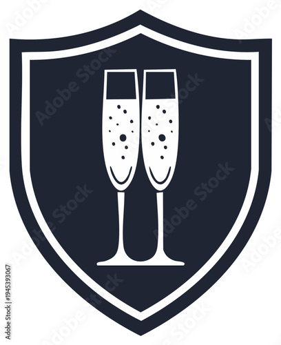 Elegant champagne flutes with bubbles within a heraldic shield symbol for celebration and protection