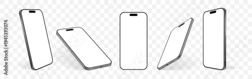 Realistic Smartphone Mockup Set with Blank White Screen, Mobile Phone in Different Angles Front and Perspective Views Isolated on Transparent Background Vector