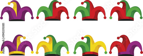 Colorful Jester Hat Collection with Bells in Carnival and Circus Style for Joker Costume, Festival Decoration, and Entertainment Vector Illustration Set