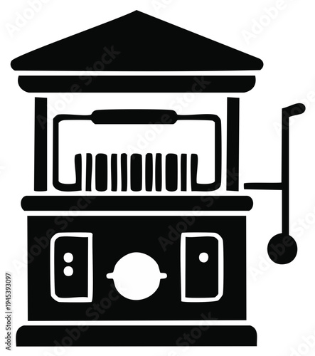 Black silhouette of a vintage ticket booth or vending machine with a crank