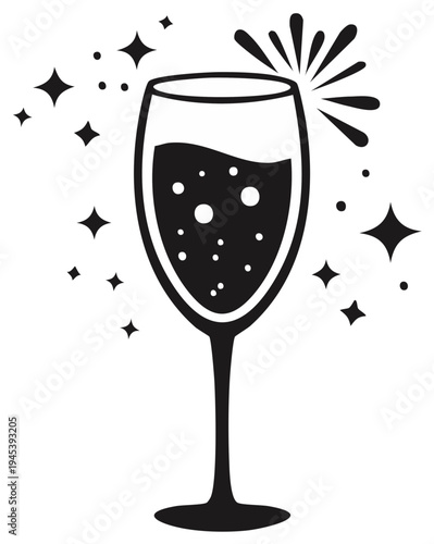 Champagne flute sparkling with bubbles and celebratory stars