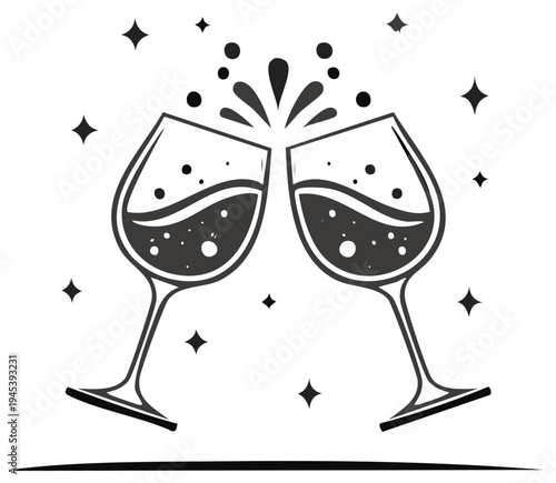Two elegant wine glasses clinking with celebratory splashes and sparkling stars vector illustration