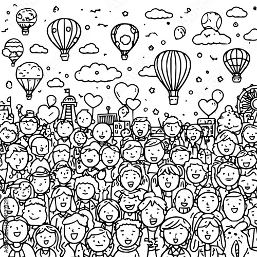 Happy People Watching Hot Air Balloons Floating Above City