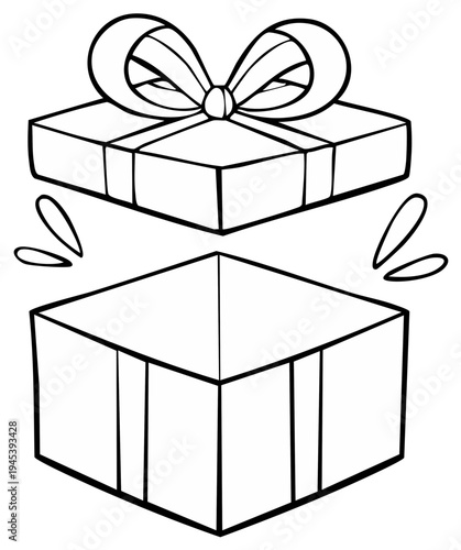 Open gift box with ribbon and bow, symbolizing surprise and celebration in a hand-drawn outline style.