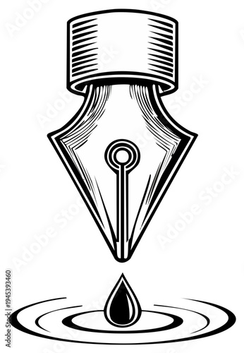 Detailed line art depiction of a fountain pen nib with a falling ink drop over ripples in a water like surface