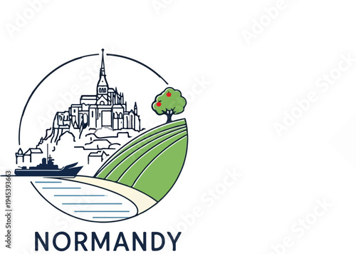 Stylized illustration of Mont Saint-Michel with apple tree and boat
