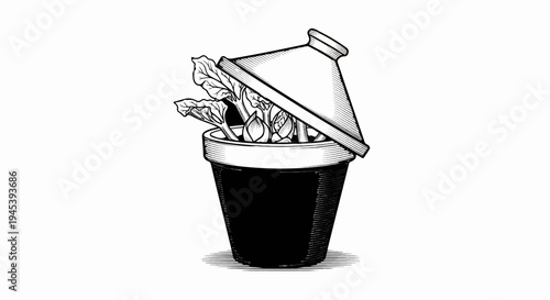 Stylized illustration of rhubarb growing in a pot with lid