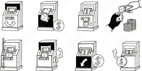Stylized illustrations depict a financial transaction machine accepting and dispensing money